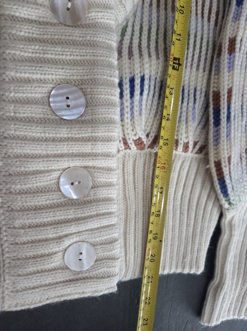 Farm Rio Bold Stitch Cream Multi-Striped V-Neck Button Cardigan Sweater Sz.M - Picture 8 of 12
